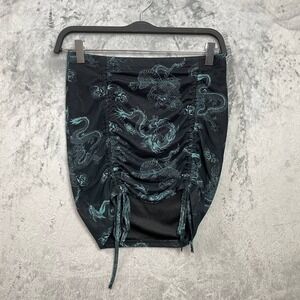 Y2K Black Dragon Print Mesh Ruched Mini Skirt Adjustable Drawstring Medium Party